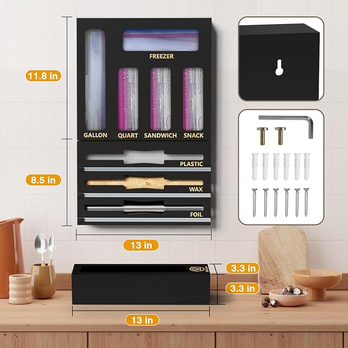 DALSHABET 9 IN1 Bamboo Storage Bag Drawer Organizer with Cutter, Foil and Plastic Wrap Dispenser for Kitchen Storage Compatible with All Brands Gallon, Quart, Sandwich & Snack Size Bags - Black - Image 3