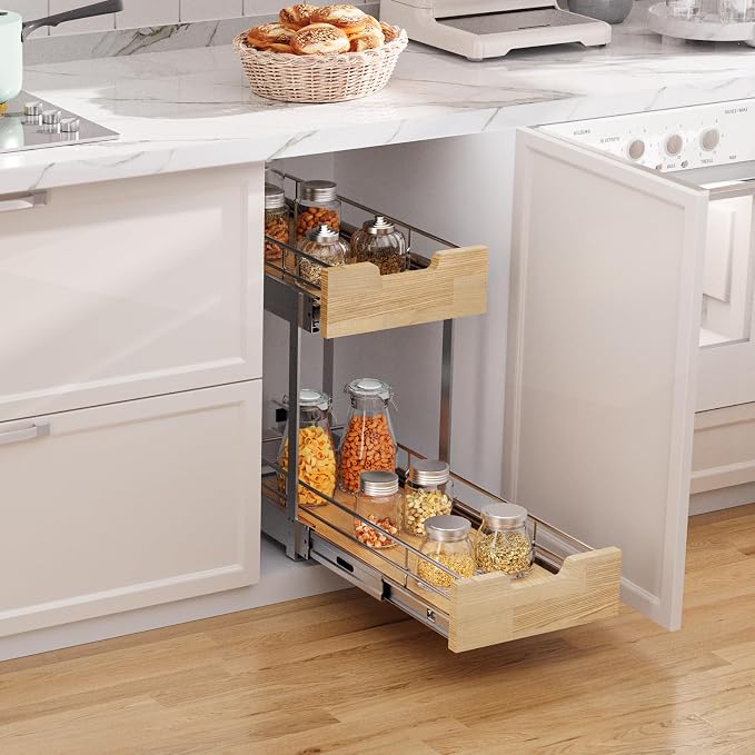 Sikarou Pull Out Cabinet Organizer,Heavy-Duty Slide Out Shelf, Wood and Wire Basket, Pull Out Drawer for for Kitchen Under Sink Space, Pantry, Bathroom, 2 Tie 9 * 21 in - Image 4
