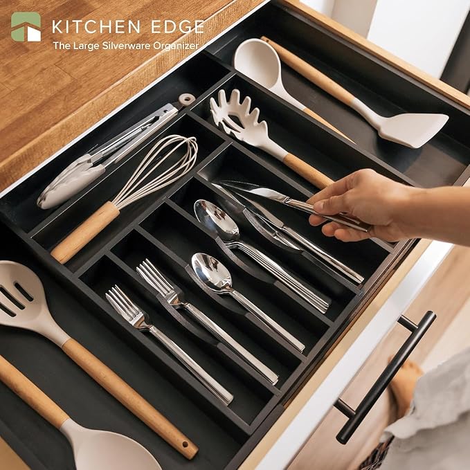 Silverware & Utensil Drawer Organizer, 16-28 in, Black Bamboo | Cutlery, flatware, food-safe contract grade, kitchen drawer fit - Image 2