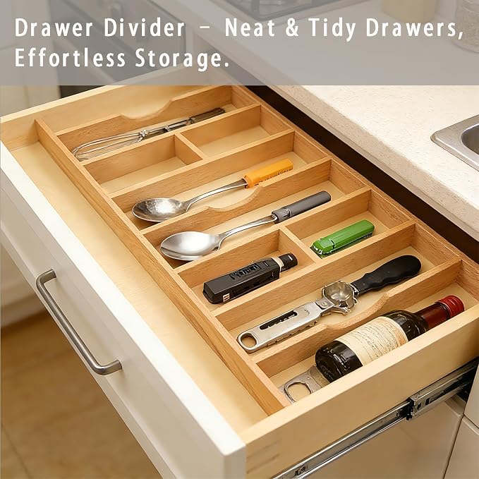Silverware Drawer Organizer - Trim-to-Fit with Adjustable Dividers for Kitchen Utensil Storage, Beech Wood Frame with 11 Sizes (12.63" W x 22" D) - Image 4
