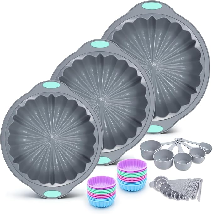 44 Pieces Silicone Round Cake Pans Set, 3 Sizes Silicone Fluted Cake Pan Set with Reusable Baking Cups, Food Grade Baking Molds for Brownie, Bread, Muffin, Light Grey by Toencounter