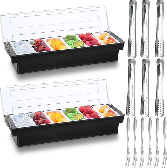 2 Pcs Garnish Tray with Lid for Bartender Condiment Caddy Removable Chilled Fruit Condiment Server with 6 Tong and 6 Fork for Serving Salad Bar Topping Organizer for Restaurant Supply(6 Compartments) by Gandeer