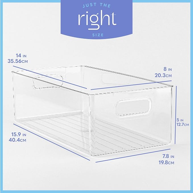 Plastic Food Storage 4 Pack Clear Container Bin with Handles for Organizing Kitchen, Pantry, Refrigerator, Freezer, Pantry, Cabinet, Closet, Bathroom. 14”x8”x5” - Image 3