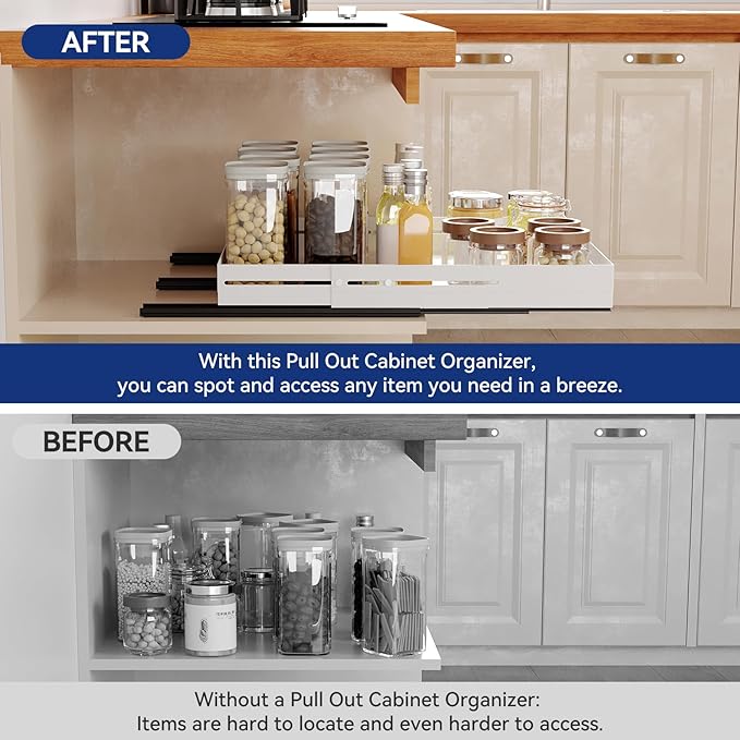Pull out Cabinet Organizer, Full Metal Expandable Width (14.8"-20.8") & Depth (12.4"-17.7") Adjustable Slide out Drawers, No Drill Adhesive Roll out Shelves for Kitchen Pantry, White - Image 5
