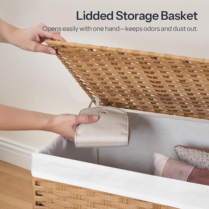HOOBRO Storage Basket with Lid, 52.8 Gallon (200L) Wicker Basket, Handwoven Blanket Storage Basket with Handles, Metal Frame and Soft Lining, Foldable for Bedroom, Laundry Room, Natural NL220CW01 - Image 5