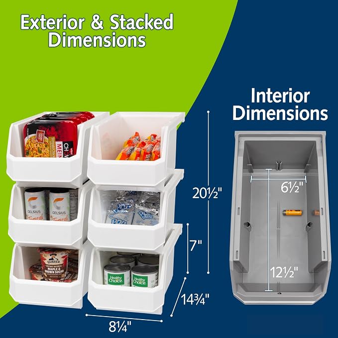 Large Stackable Plastic Storage Bins, 6-Pack, White | Open-Front Stackable Bins For Garage, Pantry, Closet & Office, 14,8"L X 8"W X 7"H, Nests When Empty, Durable Plastic, - Image 3