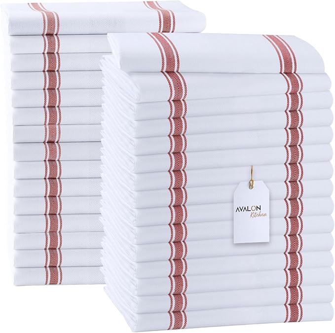 Dish Towels 30 Pack Red Stripe 100% Cotton Kitchen Towel 15x25 Inch Tea Towels, Bulk Dish Cloths for Washing Dishes, Kitchen Rags for Drying Dishes by Avalon+Kitchen