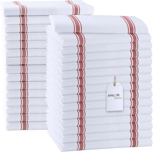 Dish Towels 30 Pack Red Stripe 100% Cotton Kitchen Towel 15x25 Inch Tea Towels, Bulk Dish Cloths for Washing Dishes, Kitchen Rags for Drying Dishes by Avalon+Kitchen