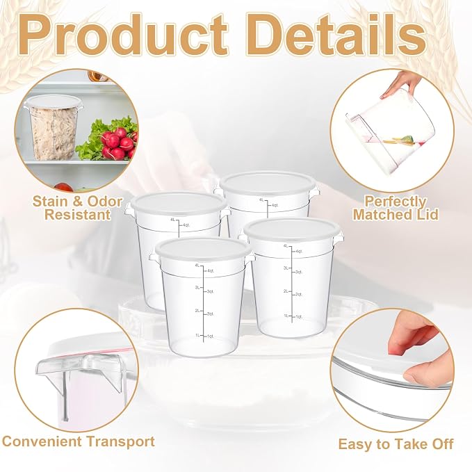 4 Pcs 4 Qt Food Storage Container Bucket with Lids Clear Proofing Containers for Dough Rise Bread with Scale Handle Round Flour Commercial Storage Bucket for Home Restaurant Food - Image 3