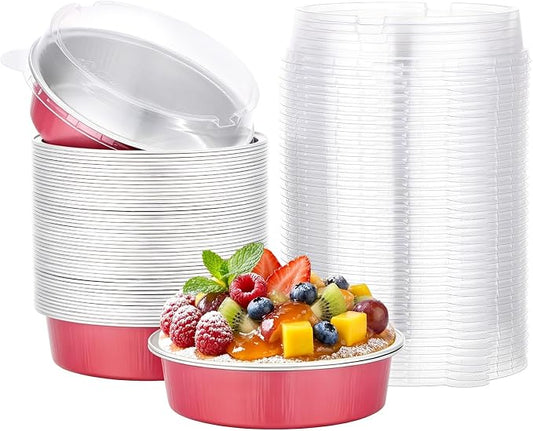 Beasea 50 Pack Mini Tart Pans with Lids, 7.3oz Disposable Aluminum Foil Baking Cups, 4" Round Pie Container Small Tart Pie Pans for Individual Cupcake Muffin Cheesecake Quiche - Grapefruit Pink by Beasea