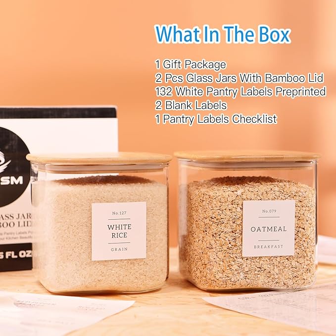 2 Pack Square Glass Flour and Sugar Containers with 132 Kitchen Pantry Labels - Thicken 85 FL OZ Large Glass Storage Jars with Airtight Bamboo Lid - Big Food Canisters for Cookies, Candy, Tea, Coffee - Image 2