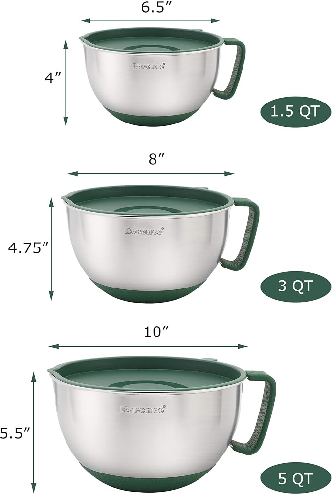 Stainless Steel Mixing Bowls Set with Lids,1.5,3 & 5 Qt,Green | Non-Slip Silicone Base,Precision Pour Spout,Ergonomic Easy-Grip Handle,Measurement Marks,Airtight Lids,Cooking & Meal Prep - Image 2