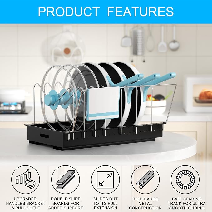 Pots and Pans Organizer Under Cabinet, Pot Lid Holder, 2 Pack | No Drill Slide-Out Pan Organizer with Adjustable Dividers & Handle Bracket, Pan Storage Inside Cabinet for Kitchen - Image 6