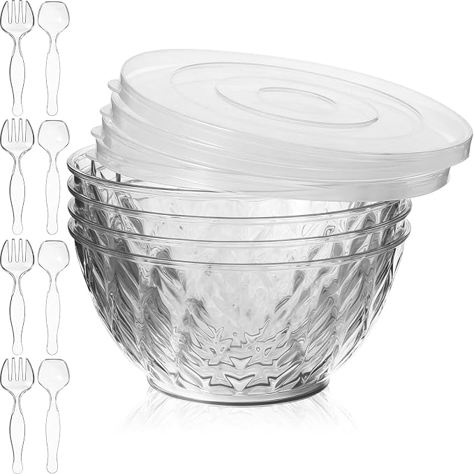 4 Pack Large Plastic Serving Salad Bowl Sets,Diamond | 4.5L,with Lids Forks Spoons,Disposable,Mixing Punch Bowls for party Eating Lunch Chip Candy Dish Meal by Ferrochef