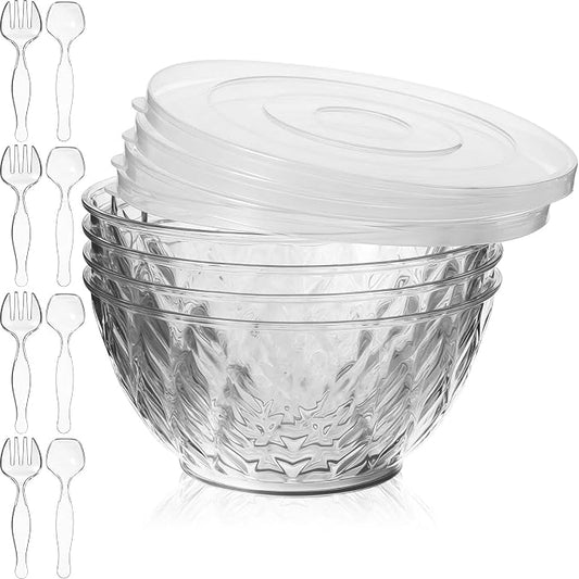 4 Pack Large Plastic Serving Salad Bowl Sets,Diamond | 4.5L,with Lids Forks Spoons,Disposable,Mixing Punch Bowls for party Eating Lunch Chip Candy Dish Meal by Ferrochef