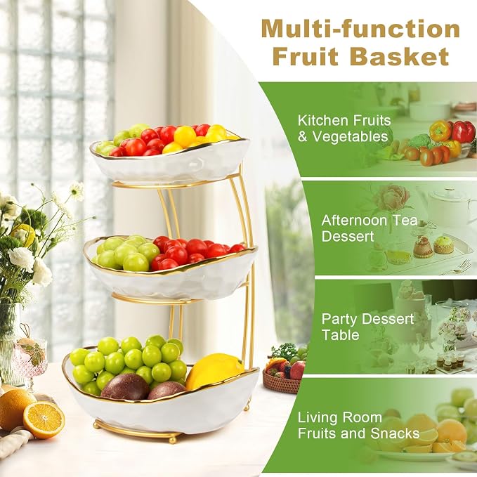 3 Tier Fruit Bowl for Kitchen Counter, Ceramic Fruit Basket with Metal Stand, Tiered Fruit Bowl for Counter Serving Stand for Fruit Vegetable Storage, Snack, Nuts, Cake, Dessert - Image 4