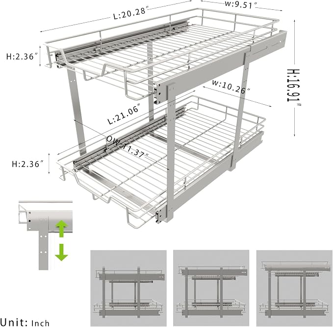 EZKAZA Pull Out Cabinet Organizer 11.5" W x 21" D, 2-Tier Kitchen Cabinet Pullout Shelf and Drawer Organizer Slide Out Pantry Storage Basket, 10.2" W x 21" D x 2.4" H for Bottom Basket Size - Image 3