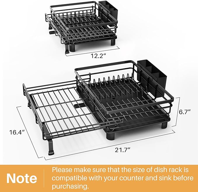 Expandable Dish Drying Rack for Kitchen Counter, Stainless Steel, Black | Foldable Over Sink, Large Capacity, Adjust to Fit Most Sinks, Angled Drainboard, Removable Utensil Holder, Slip Resistant - Image 6