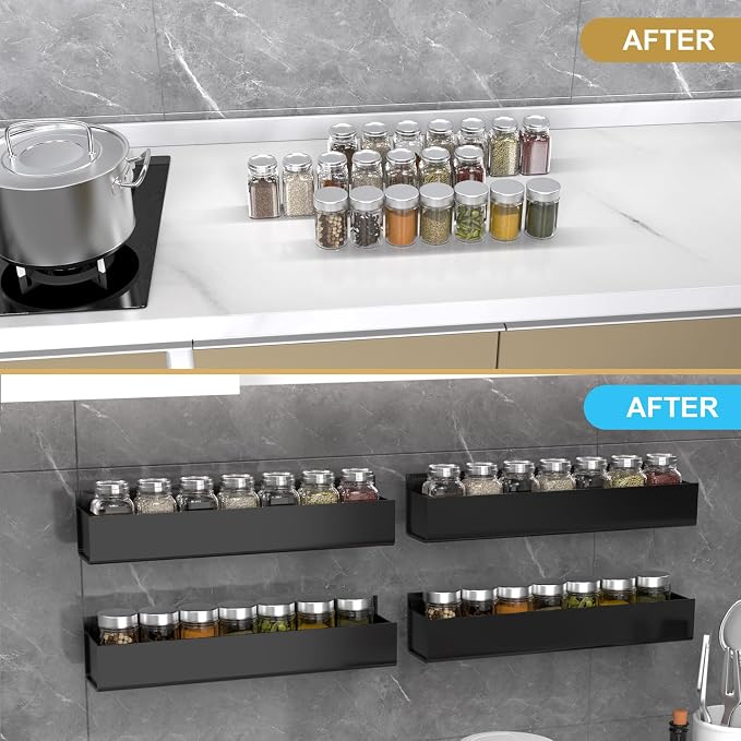 PMMASTO Adhesive Acrylic Spice Rack Organizer for Wall with Nano Double Sided Tape, Spice Shelf Organization for Kitchen Cabinet Door/Pantry Door, Wall Mount Seasoning Rack (Black - 4 Pack) - Image 4