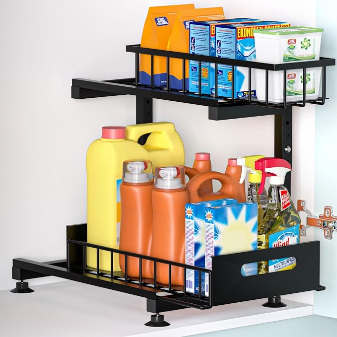 L-Shaped Under Sink Organizer, 2-Tier Pull-out Cabinet Rack 1-Pack | Black Height-Adjustable Metal Rack, Sliding Grid Drawers with Safety Stopper, Holds 100 Lbs, Ideal Kitchen Cabinet Storage by Saydear