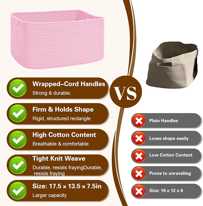 4 Pack Large Storage Basket for Organizing, 17.5"x13"x7" Woven Basket for Shelves, Closet Cube Storage Bins with Wrapped Handle, Cotton Rope Baskets for Kitchen, Clothes, Toys(Light Pink) - Image 6