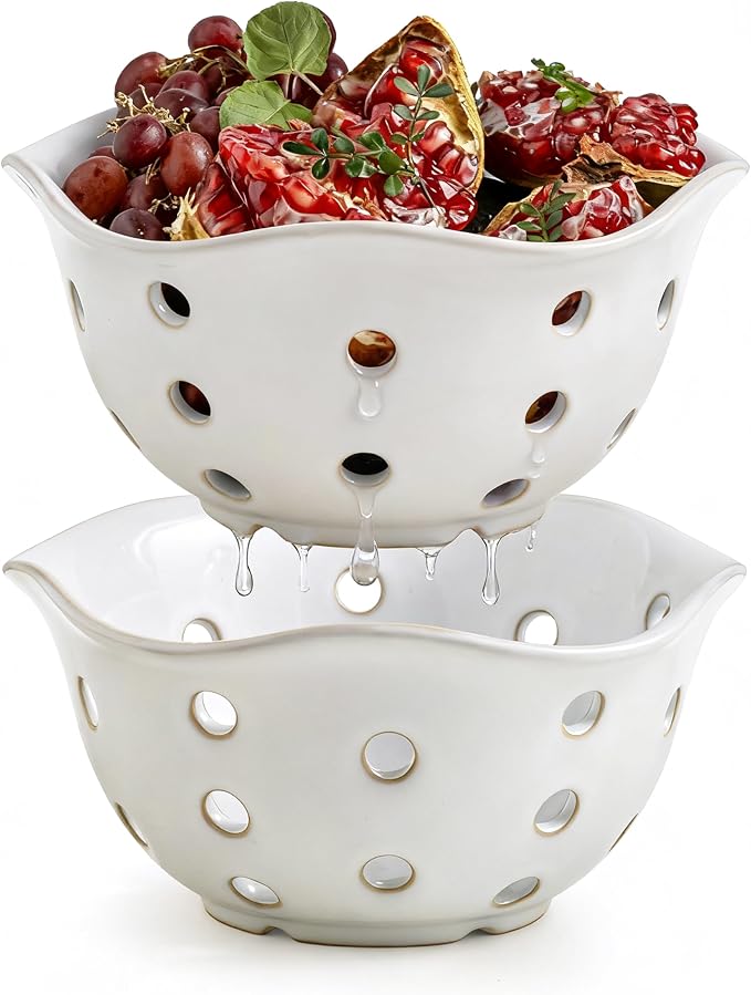 Gomakren Fruit Basket Set of 2, Ceramic Fruit Bowl Berry Basket with Holes, 7.6 Inch Fruit Containers Colander for Fridge - Farmhouse Kitchen Decor, White by Gomakren
