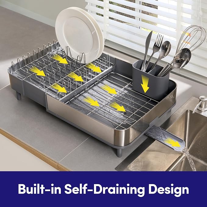 Dish Drying Rack Countertop Expandable Dish Drainer — Up to 20.5" Telescoping Premium Extending Drying Station Organizer with Drainboard, Removable Utensil Holder — Dish, Silverware & Cup Storage Gray - Image 5