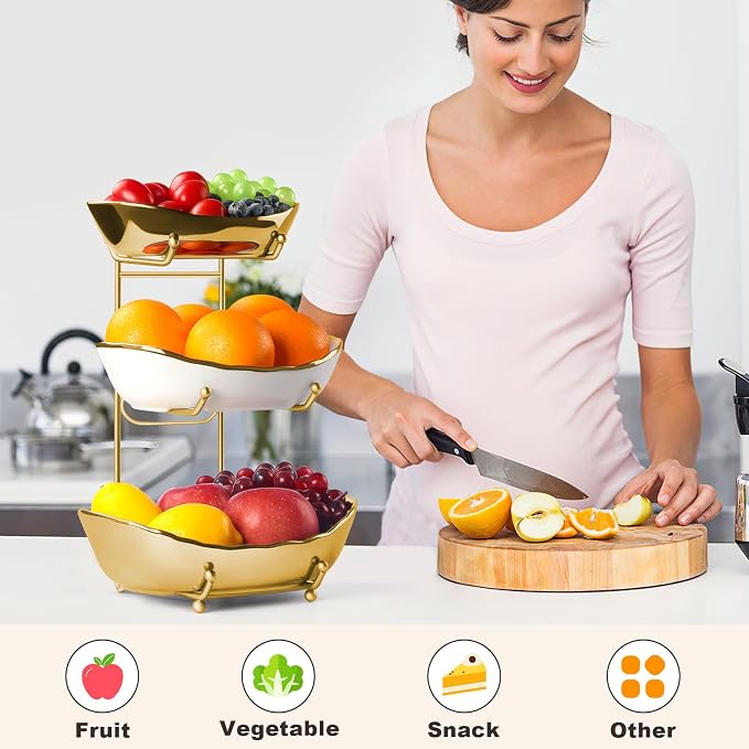 Fruit Bowl for Kitchen Counter,3 Tier Ceramic Fruit Basket with Metal Stand, Tiered Fruit Rack for Countertop, Modern Multi Serving Bowl for Party Dessert, Vegetable, Snack (Gold-White) - Image 7