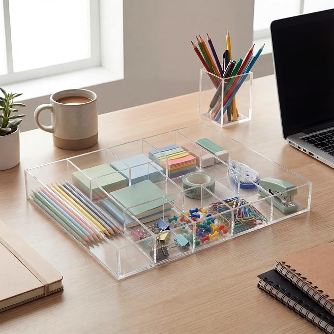 Large Acrylic Desk Deep Drawer Organizer with Adjustable Dividers, Anti-skip Clear Desk Top Junk Drawer Storage Tray for Pens, Desktop, Office, Bathroom, Kitchen, Makeup Supplies(10 Compartments) - Image 5