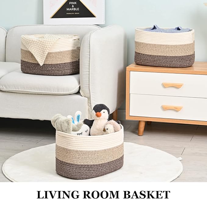 Cotton Rope Storage Baskets for Organizing - 3 Pack, 15"x10"x9" Woven Baskets for Storage, Shelf, Towel, Toys, Nursery, Laundry (White/Brown) - Image 7