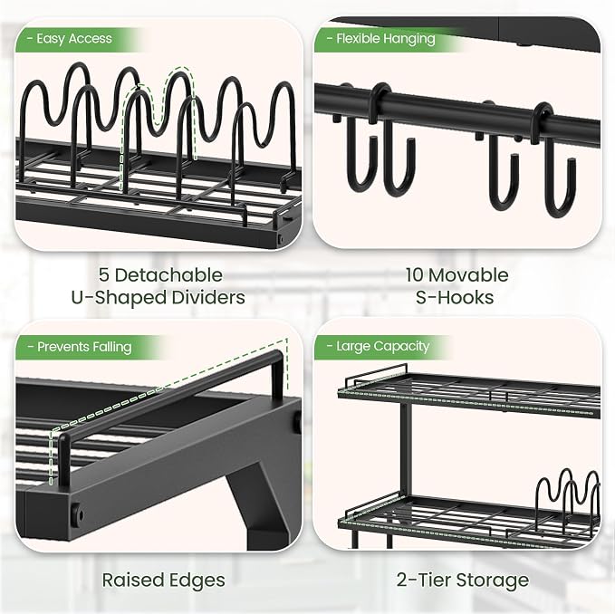 Pot Rack, Wall Mounted Pan Holder, 2-Tier Pot and Pan Organizer, Pot Hanger with 10 S-Shaped Hooks, Cookware Organizer with 5 Removable Metal Wire Dividers, Black TPR35BB - Image 7