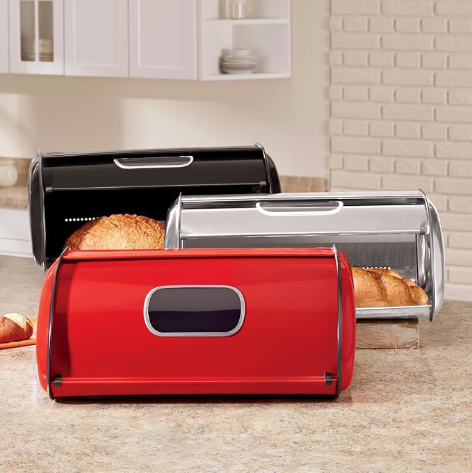 Window Breadbox for Kitchen Countertop, Red | Countertop bread box with clear viewing window, rear air vents, and durable metal construction bread and baked goods storage - Image 2