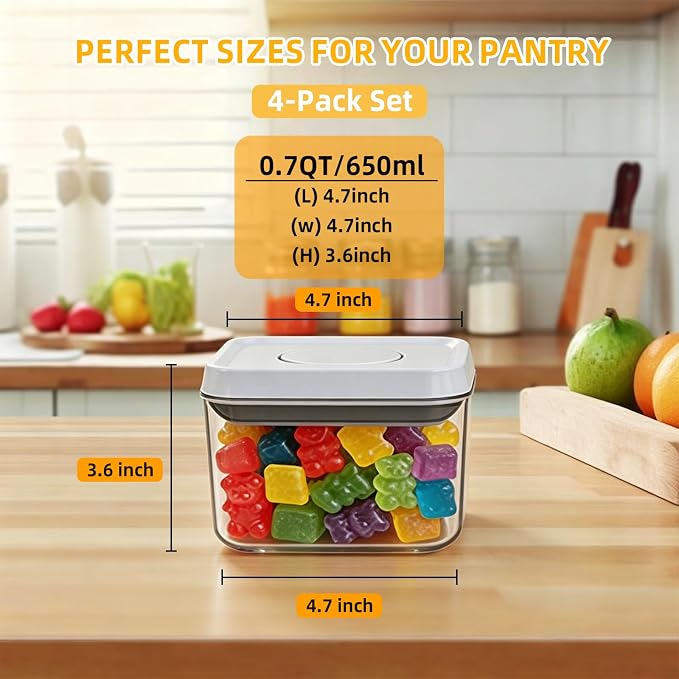 Pop Push Button Airtight Food Storage Containers 4 Pack (0.7Qt) | BPA-Free Stackable Square Canisters for Nuts, Candy, Spices, Pet Treats, Small Snacks - Image 2