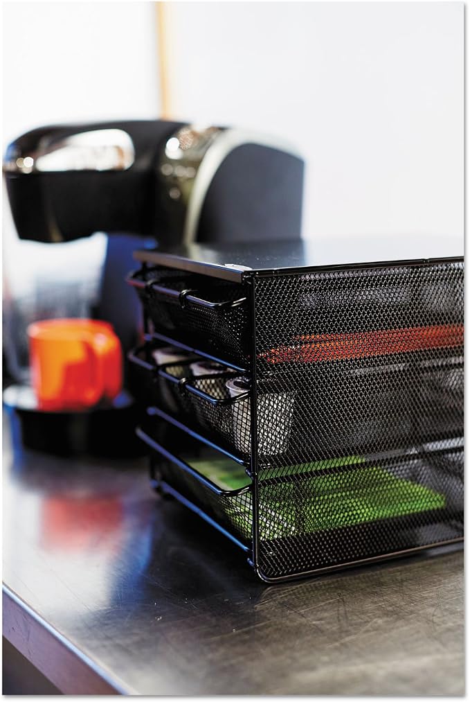 Safco Onyx Hospitality Organizer, 3 Drawers, For Snacks, Coffee Pods, Sugar Sweetener, Stirrer, Napkins and More, Steel Mesh, Black - Image 2