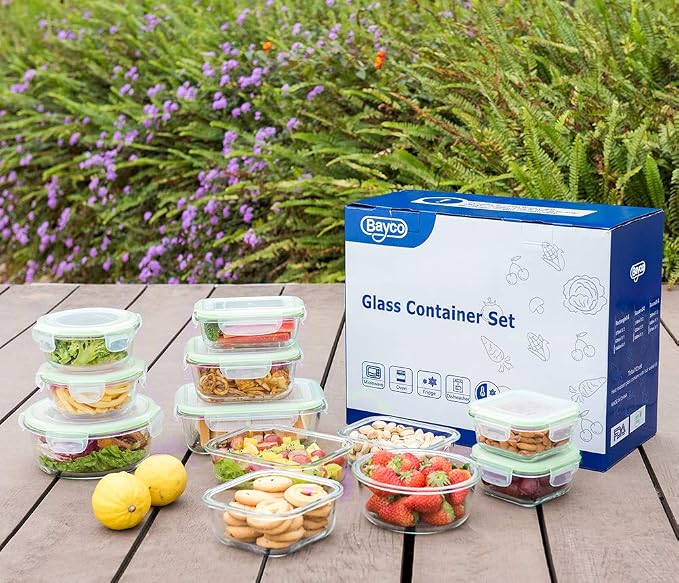 Bayco Glass Food Storage Containers with Lids, [24 Piece] Glass Meal Prep Containers, Airtight Bento Boxes, Leak Proof (12 lids & 12 Containers) - Green - Image 6