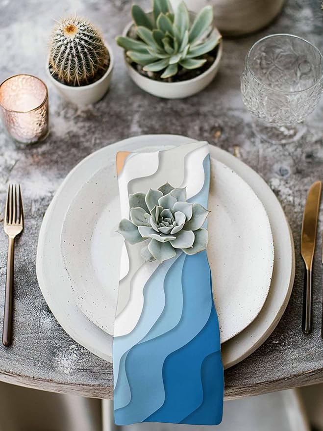 Blue White Sea Waves Cloth Napkins Washable Set of 8, 20 x 20 Inch Reusable Coastal Ombre Abstract Beach Ocean Stripes Dinner Table Napkins Cloth Bulk for Wedding Kitchen Restaurant Hotel Event Party - Image 3