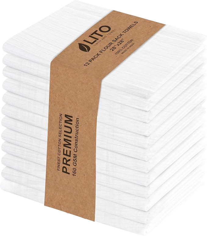 LITO LINEN AND TOWEL Flour Sack Towels – 100% Cotton, 28x28 Inches, Highly Absorbent, Embroidery-Ready Tea Towels for Kitchen & Crafts, Farmhouse Decor, Pack of 12 White by LITOLinenandTowel