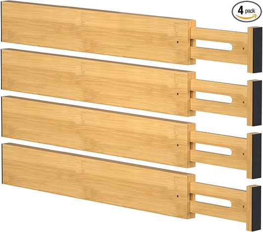 Bamboo Drawer Dividers, Adjustable Drawer Organizers, Fits 17.6–21" Drawers | 2.5" High, 4 Pack Expandable Drawer Separators for Kitchen, Nursery, Dressers & Office Storage, Natural by Ryqtop