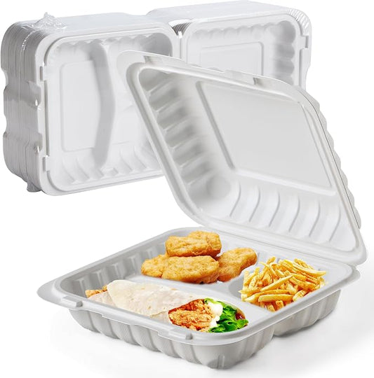 Food Containers 8" 34 oz 55 Pack - Shrink Wrapped Ready to Use | 3 Compartment Mineral Filled PP Clamshell | Microwave & Freezer Safe | BPA Free White To Go Boxes for Meal Prep & Leftovers by wonderfulmealprep
