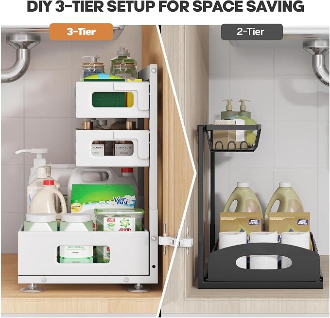 2 Pack 21IN-Depth Under Sink Organizer,Pull Out Cabinet Organizer With Smooth Cylindrical Rail,Metal Slide Out Drawer for Kitchen Bathroom Laundry,8-Level Tool Free Height Adjustable-White - Image 4