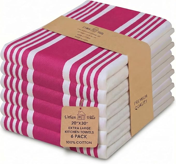Urban Villa Kitchen Towels Cotton Dish Towel 20”x30” (Set of 6) Fuchsia White by CottonTrends