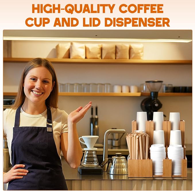 CroBlissful Bamboo Vertical Coffee Cup and Lid Dispenser, Coffee Condiment Organizer, 9 Compartment for Disposable Paper & Plastic Cup, for Cabinet Station Home Countertop Bar 13''l x 13''w x 12''h - Image 7