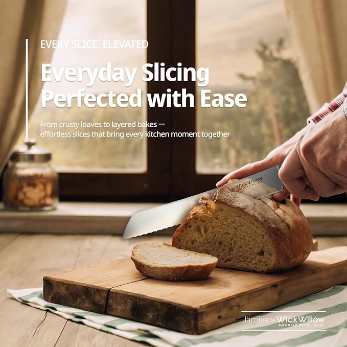 WICKWILLOW 8” Double Serrated Bread Knife – Swedish Steel, Olive Wood | Perfect for sourdough, homemade bread and artisan loaves. Hand wash only. Gift box included. - Image 8