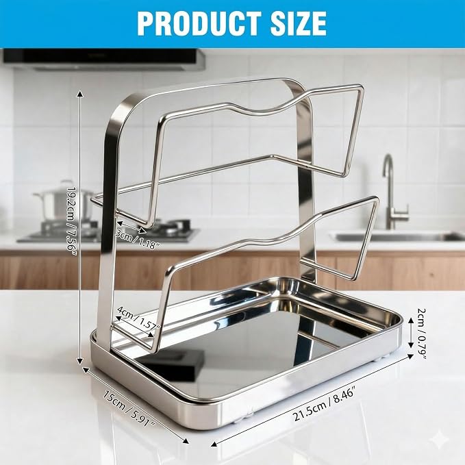 304 Stainless Steel Pot Lid Holder ＆ Spoon Rest While Cooking, Kitchen Storage Rack, Stove Top Organizer for Pan Lids, Multifunctional Cover Stand with Removable Drip Tray - Image 2