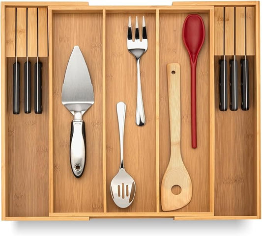 Purawood Kitchen Drawer Organizer with Knife Blocks - Utensil Drawer Organizer for Kitchen, Cutlery Tray & Silverware Organizer, 3-5 Slots - Bamboo Organizer for Utensils & Flatware (Natural) by PURAWOOD