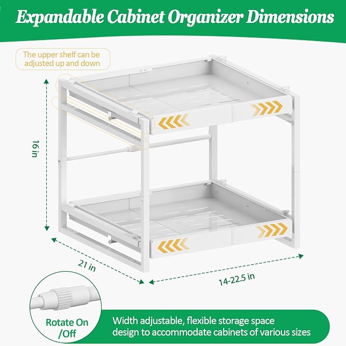2 Tier Pull Out Cabinet Organizer, 21 inch Depth Slide Out Shelves | Expandable 14"-22.5" Wide, Heavy-Duty Cabinet Drawers for Kitchen Pots, Pans & Pantry Storage, White - Image 2
