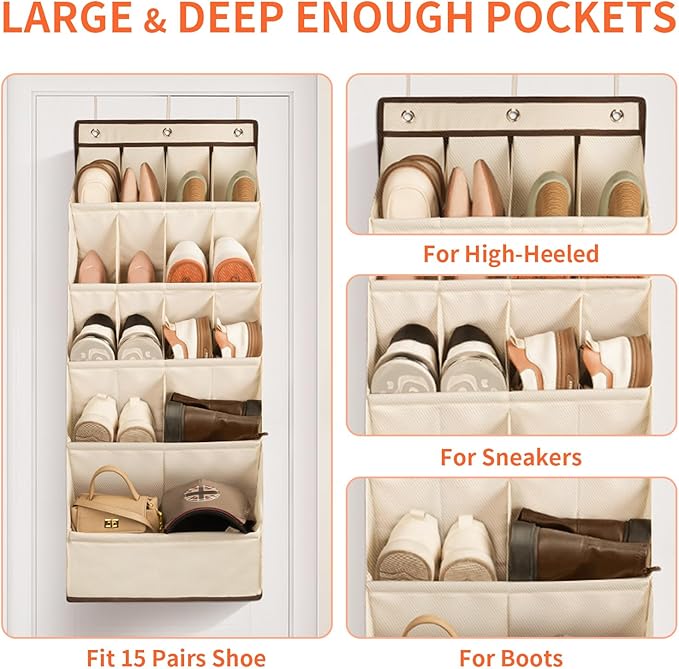 FENTEC 1 Pack Over the Door Shoe Organizers, Hanging Shoe Organizer with Large Deep Pocket Shoe Holder for Closet Shoes Rack for Wall, Over Door Shoe Storage Hold up to 18 Pairs Shoes, Beige - Image 3