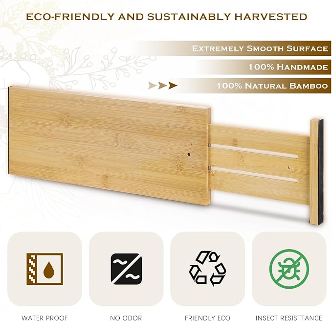 DoubleFill 8 Pcs Deep Bamboo Drawer Dividers, Deep Kitchen Dresser Drawer Organizer with Spring Loaded for Clothes, Adjustable Expandable from 15-22 Inch (Wood Color,6 Inch) - Image 3