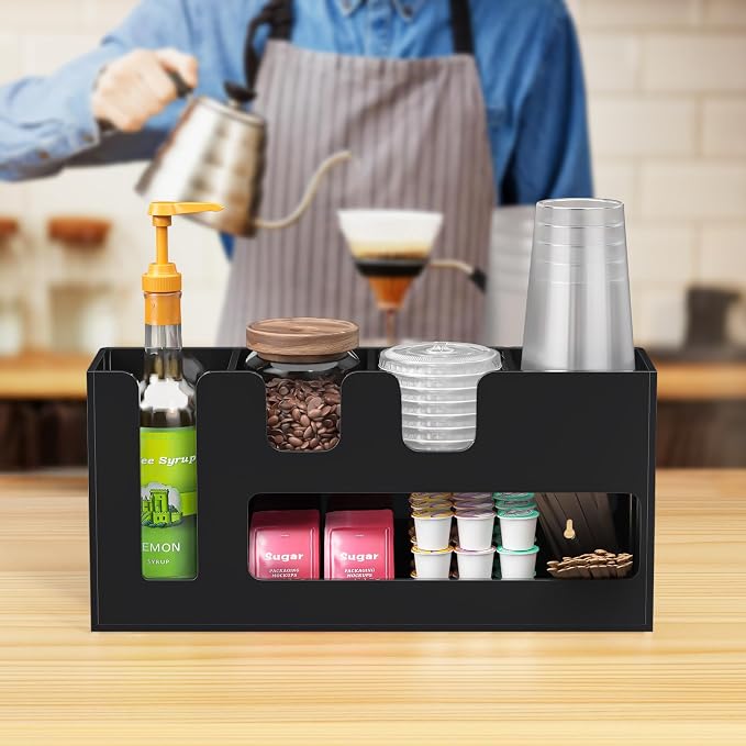 2-Tier Coffee Station Organizer for Countertop, 5 Compartments Black Acrylic Cup and Lid Holder Tea Condiment Storage Upright Coffee Bar Organizer Pod Dispenser for Office Breakroom Home Kitchen - Image 8