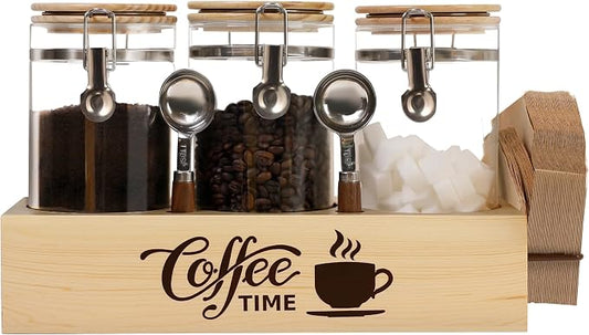 Glass Coffee Canister Set with Shelf & Spoons - 3 Piece Airtight Seal Coffee Bean Storage Containers & Filter Holder for Kitchen Organization by EQEYBRAND